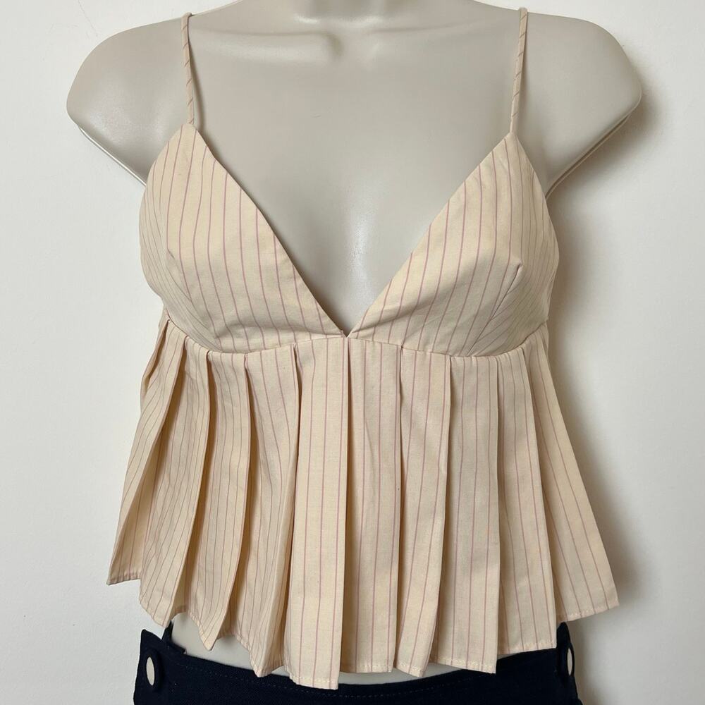NWT ZARA Pleated Pinstripe Spaghetti Strap Crop Top Small Cream Pink Low Cut